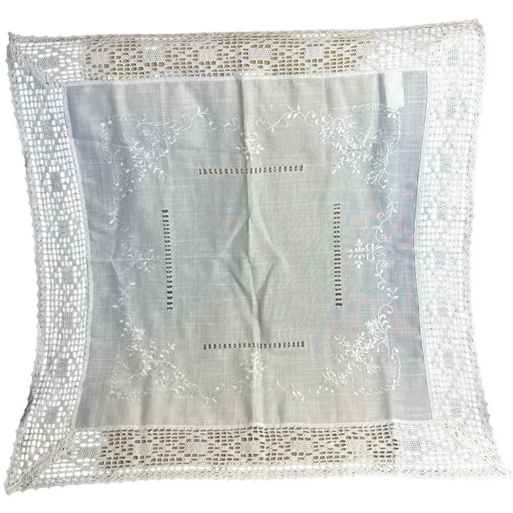 German Made White Floral Embroidery Lace Doily Cloth 32" X 32"